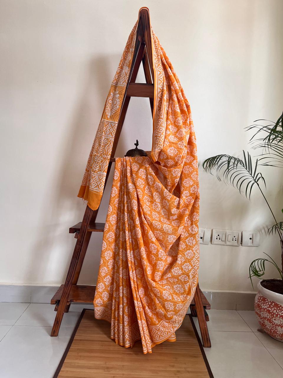 Pure Mul cotton Handblock Printed Saree with complimentary AJRAKH blouse - Orange
