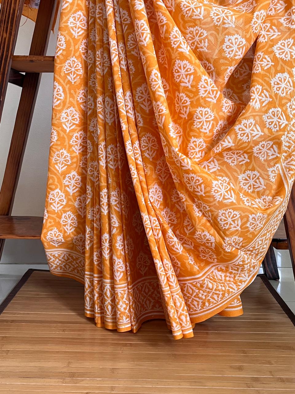 Pure Mul cotton Handblock Printed Saree with complimentary AJRAKH blouse - Orange