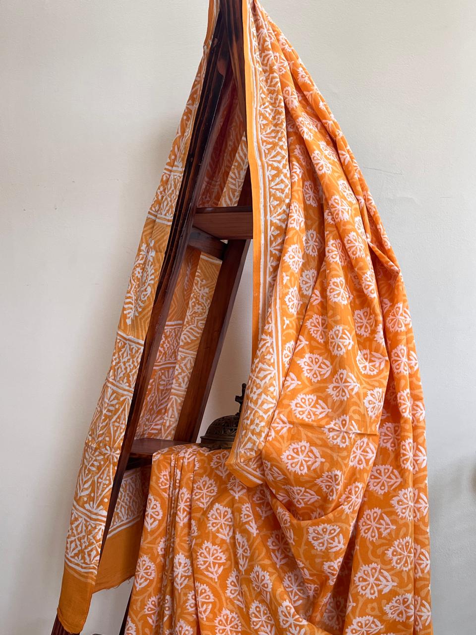 Pure Mul cotton Handblock Printed Saree with complimentary AJRAKH blouse - Orange