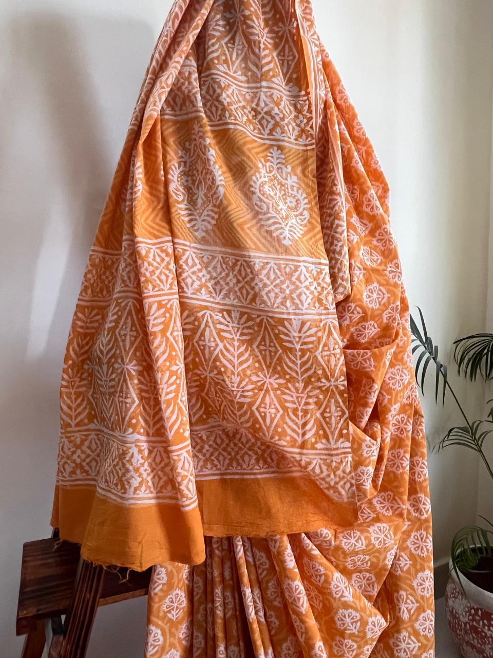 Pure Mul cotton Handblock Printed Saree with complimentary AJRAKH blouse - Orange