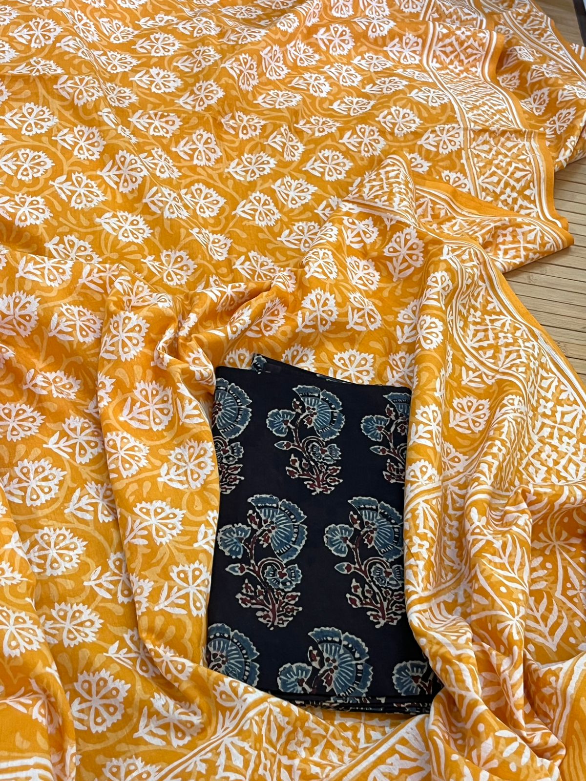 Pure Mul cotton Handblock Printed Saree with complimentary AJRAKH blouse - Orange