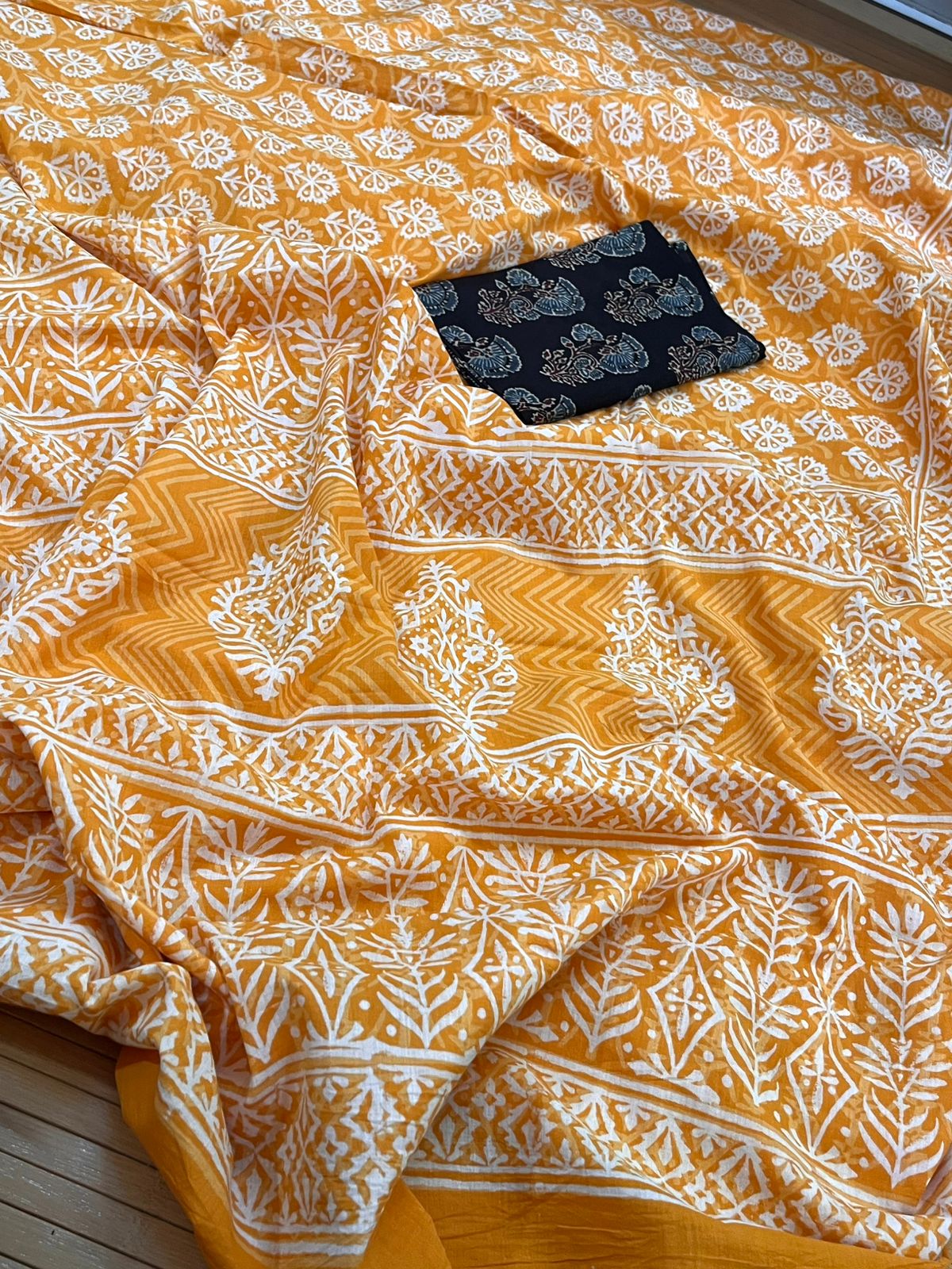 Pure Mul cotton Handblock Printed Saree with complimentary AJRAKH blouse - Orange