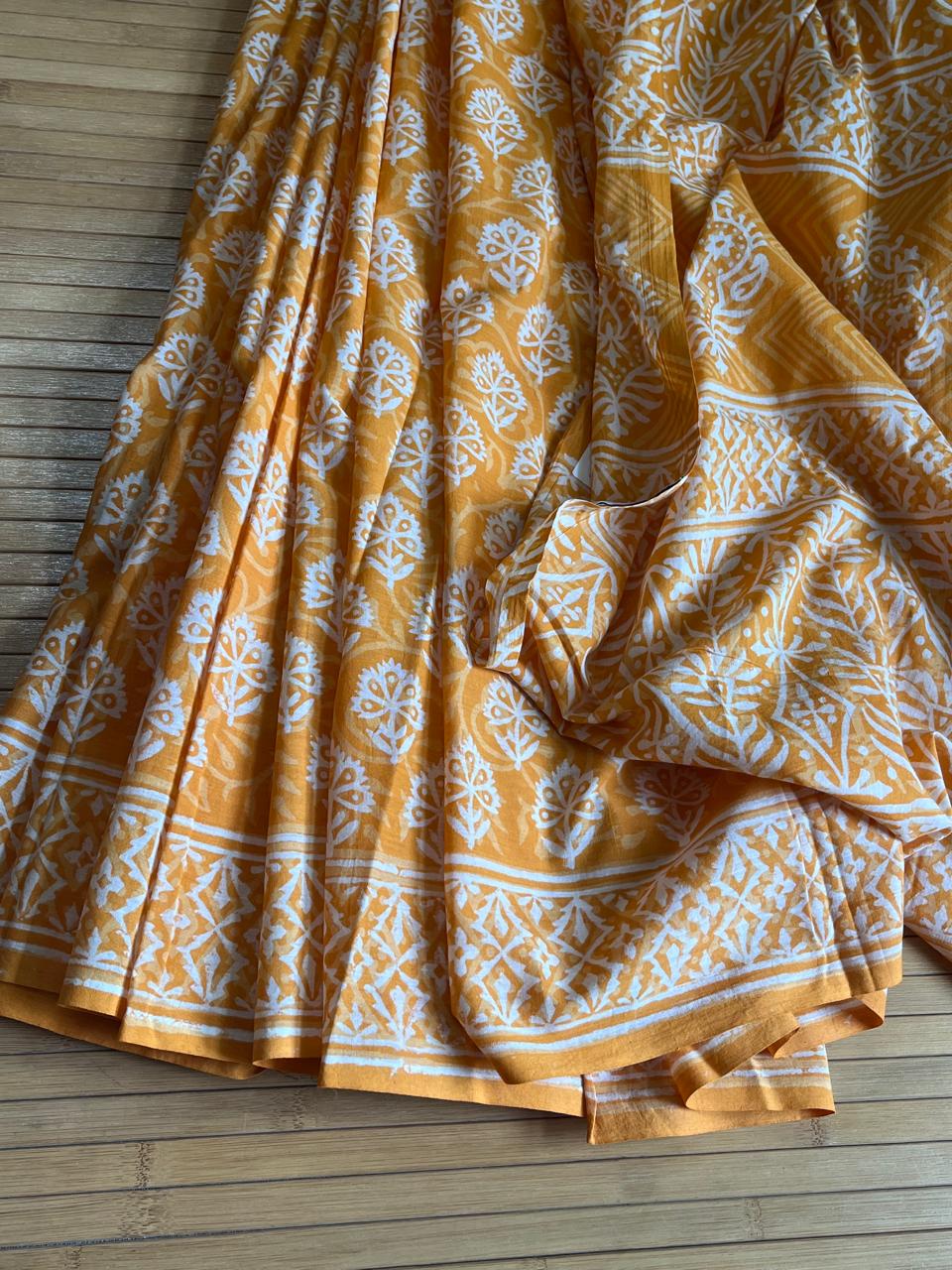 Pure Mul cotton Handblock Printed Saree with complimentary AJRAKH blouse - Orange