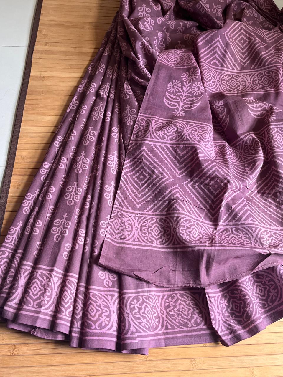 Pure Mul cotton Handblock Printed Saree with complimentary AJRAKH blouse - Pinkish Brown