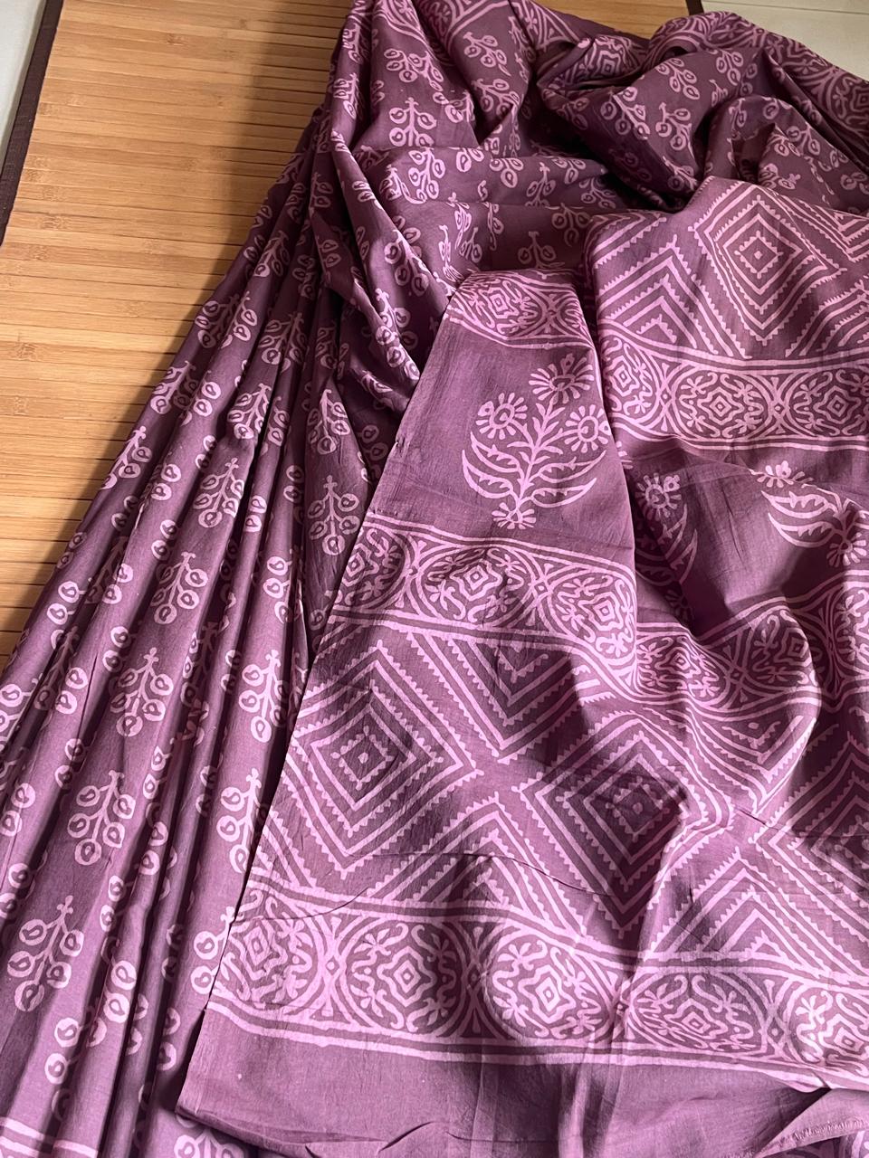 Pure Mul cotton Handblock Printed Saree with complimentary AJRAKH blouse - Pinkish Brown