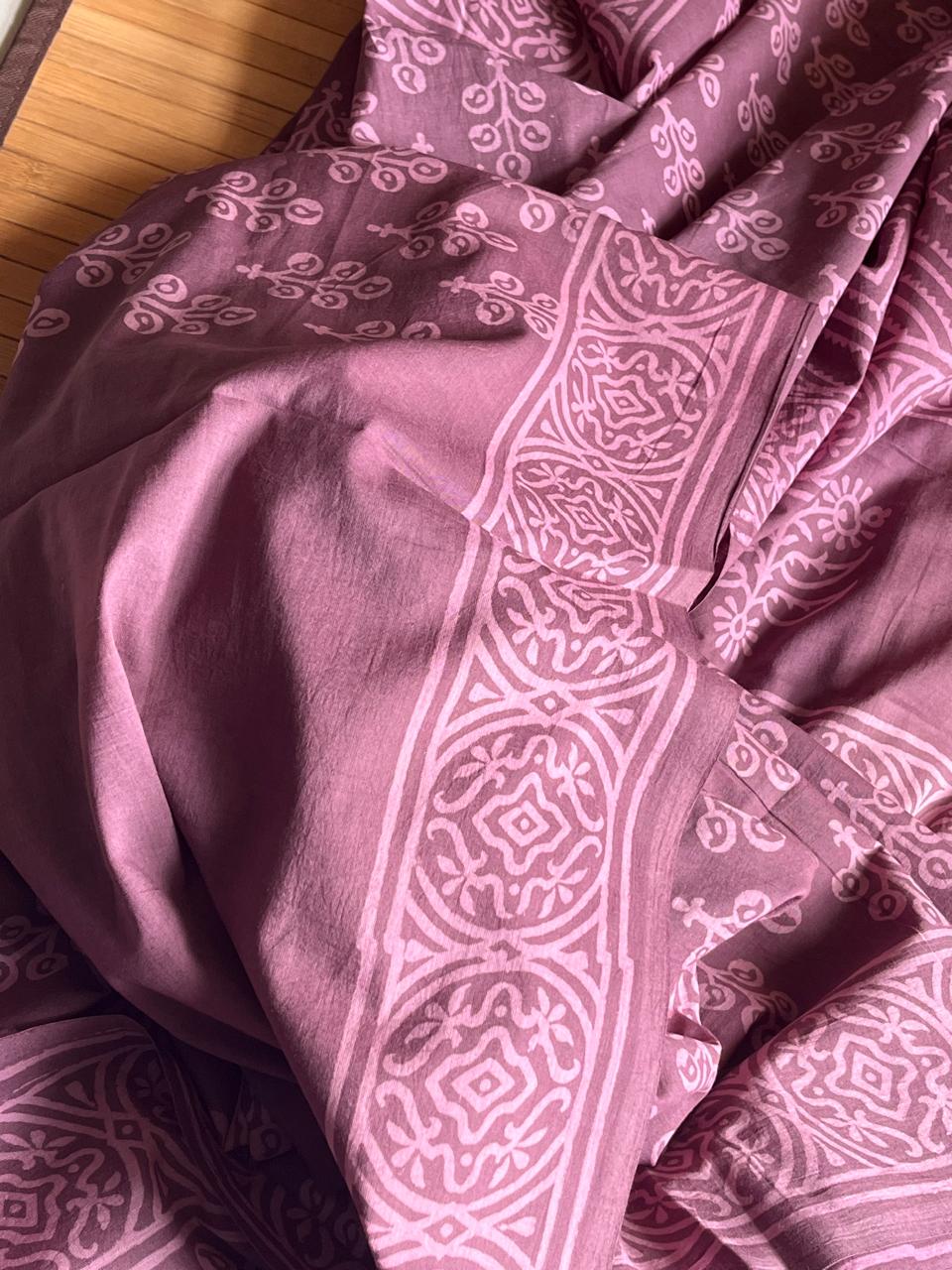 Pure Mul cotton Handblock Printed Saree with complimentary AJRAKH blouse - Pinkish Brown