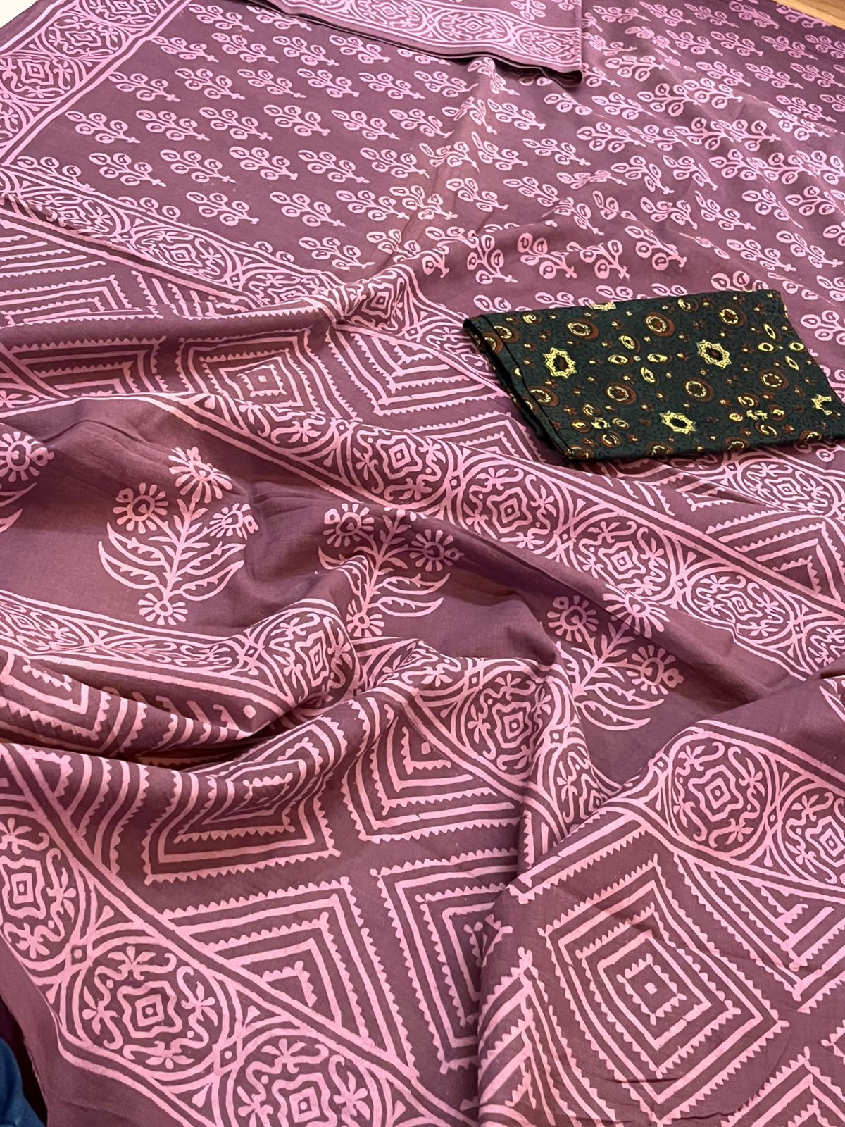 Pure Mul cotton Handblock Printed Saree with complimentary AJRAKH blouse - Pinkish Brown