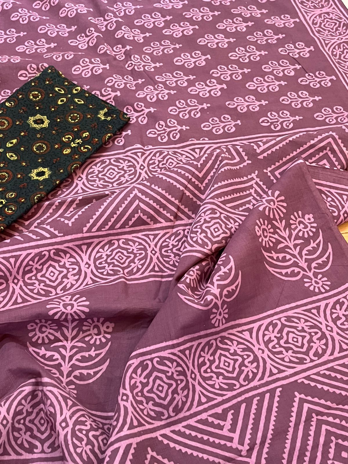 Pure Mul cotton Handblock Printed Saree with complimentary AJRAKH blouse - Pinkish Brown