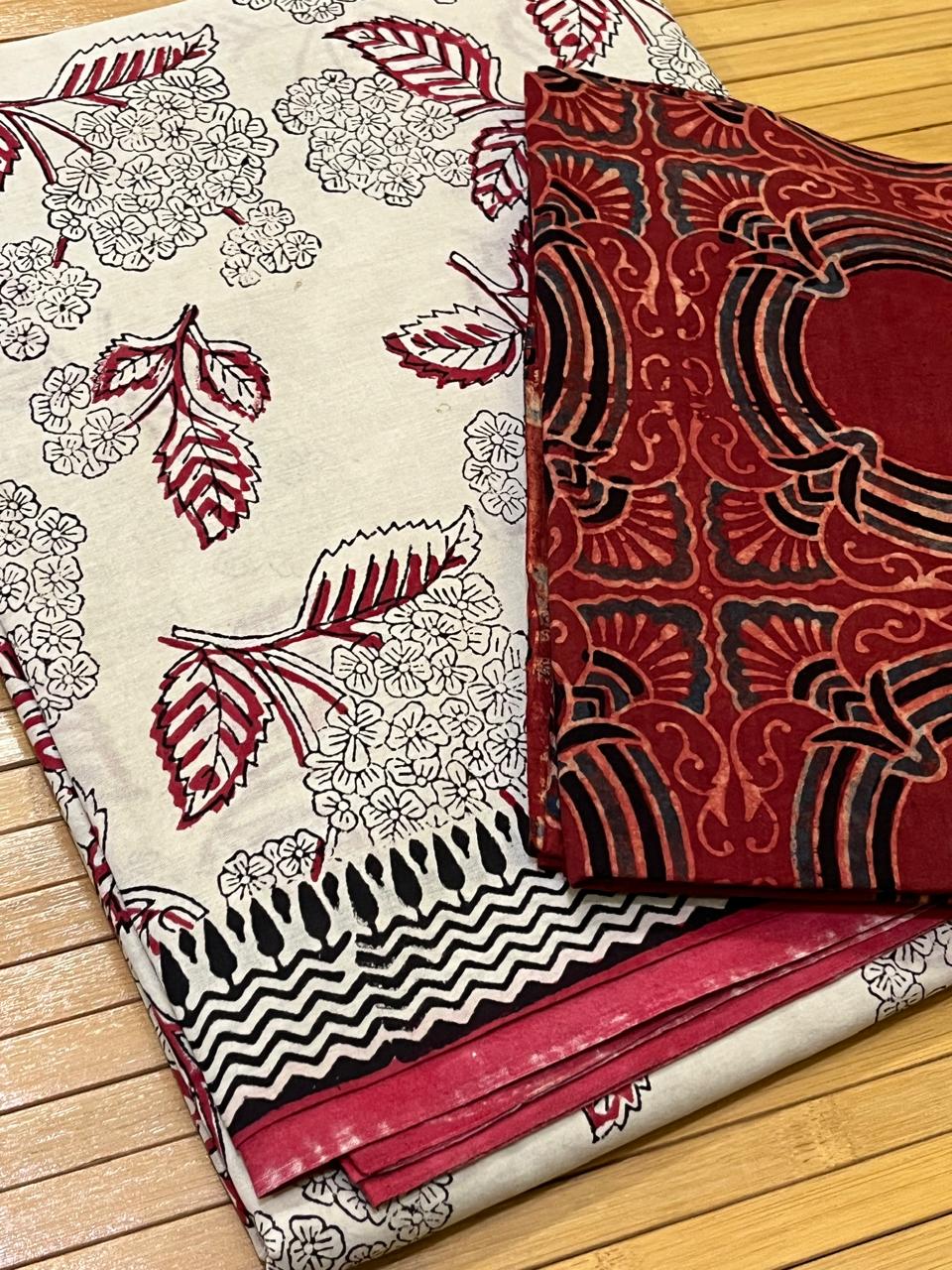 Pure Mul cotton Handblock Printed Saree with complimentary AJRAKH blouse - Beige with Red