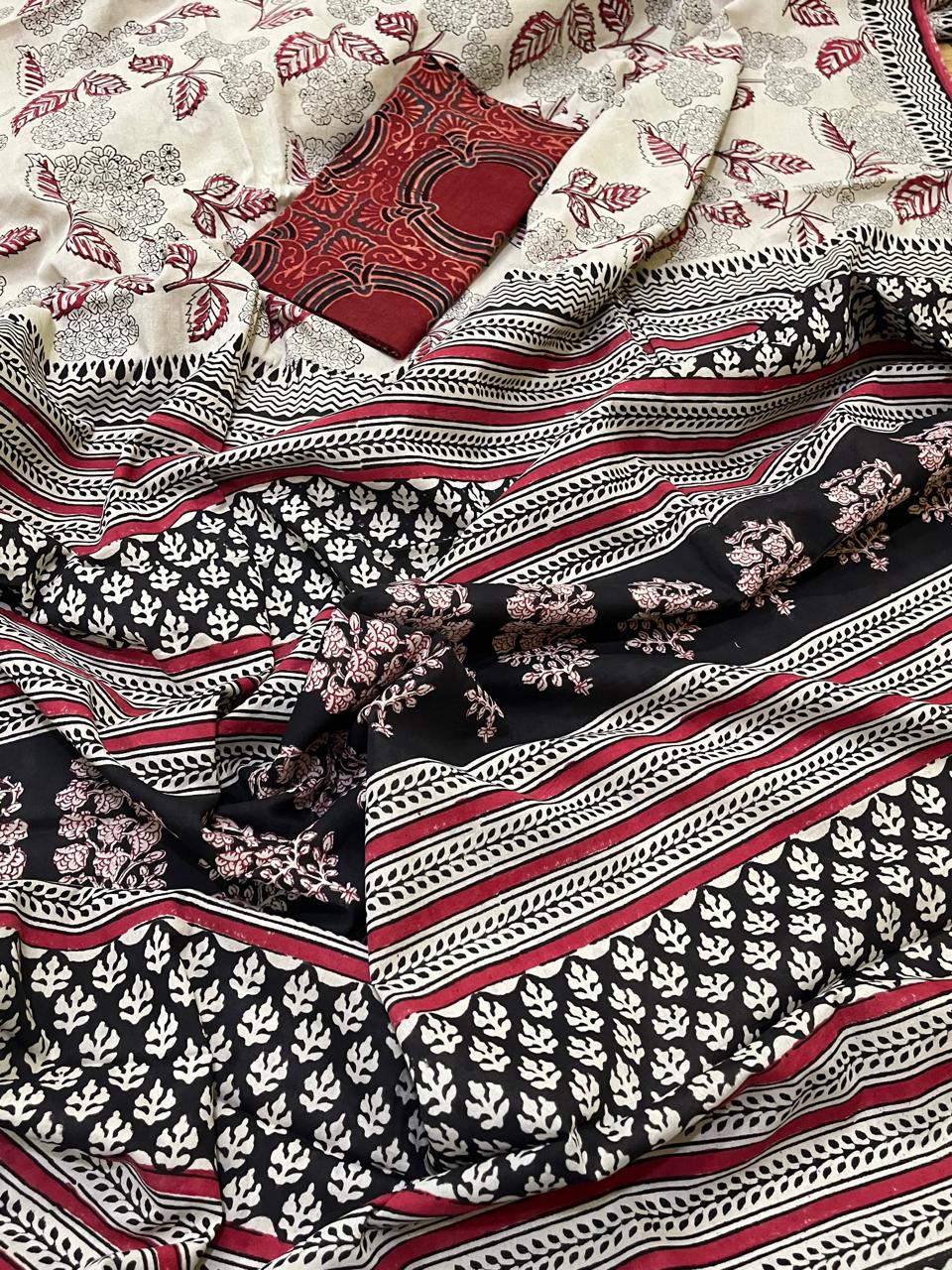 Pure Mul cotton Handblock Printed Saree with complimentary AJRAKH blouse - Beige with Red
