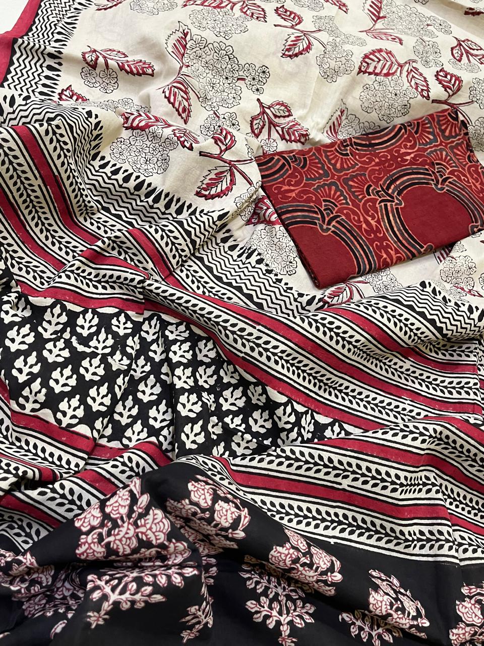 Pure Mul cotton Handblock Printed Saree with complimentary AJRAKH blouse - Beige with Red