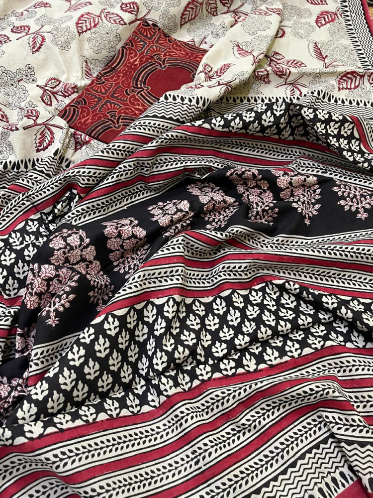 Image of Pure Mul cotton Handblock Printed Saree with complimentary AJRAKH blouse - Beige with Red