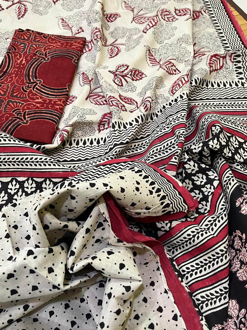 Pure Mul cotton Handblock Printed Saree with complimentary AJRAKH blouse - Beige with Red