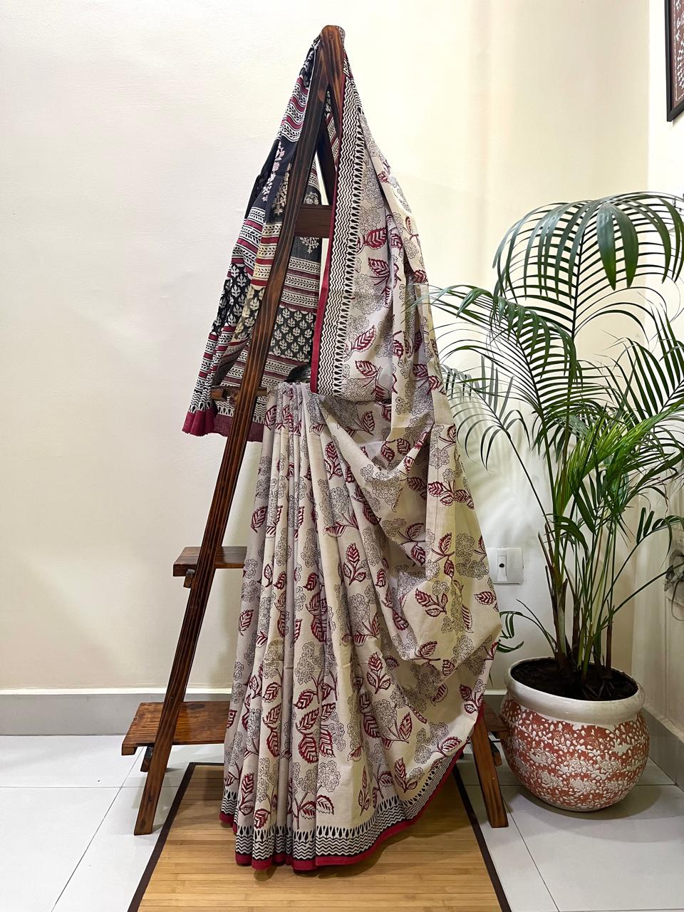 Pure Mul cotton Handblock Printed Saree with complimentary AJRAKH blouse - Beige with Red