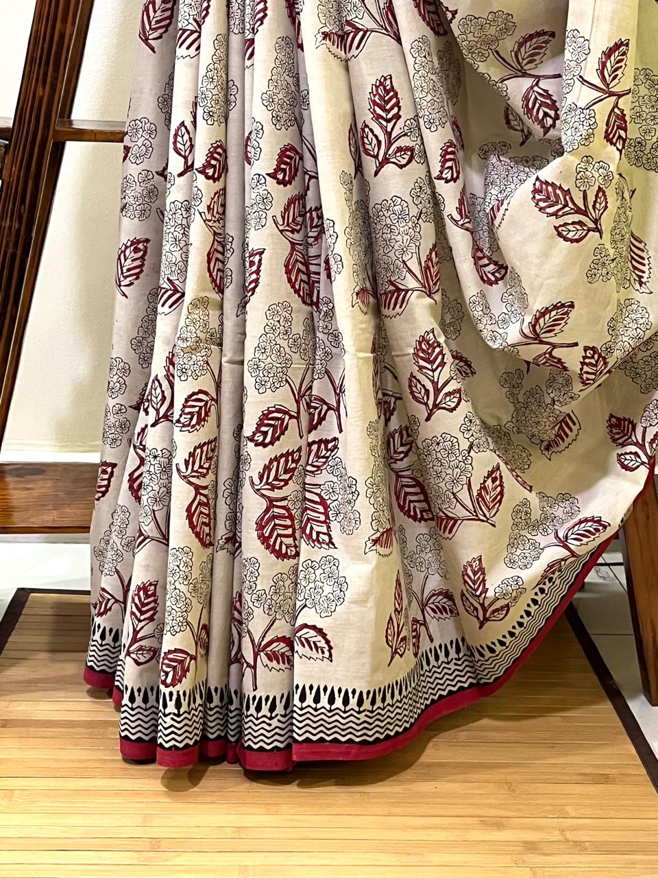Pure Mul cotton Handblock Printed Saree with complimentary AJRAKH blouse - Beige with Red