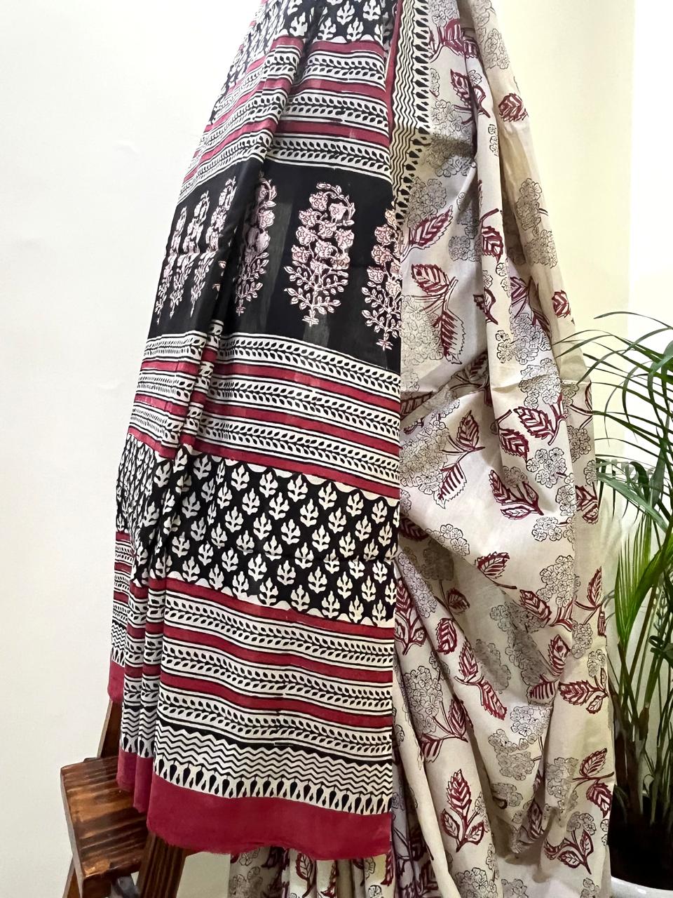 Pure Mul cotton Handblock Printed Saree with complimentary AJRAKH blouse - Beige with Red