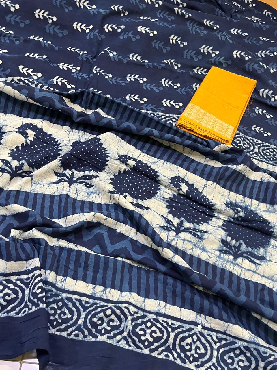 Pure Mul cotton sarees with handblock print - Blue