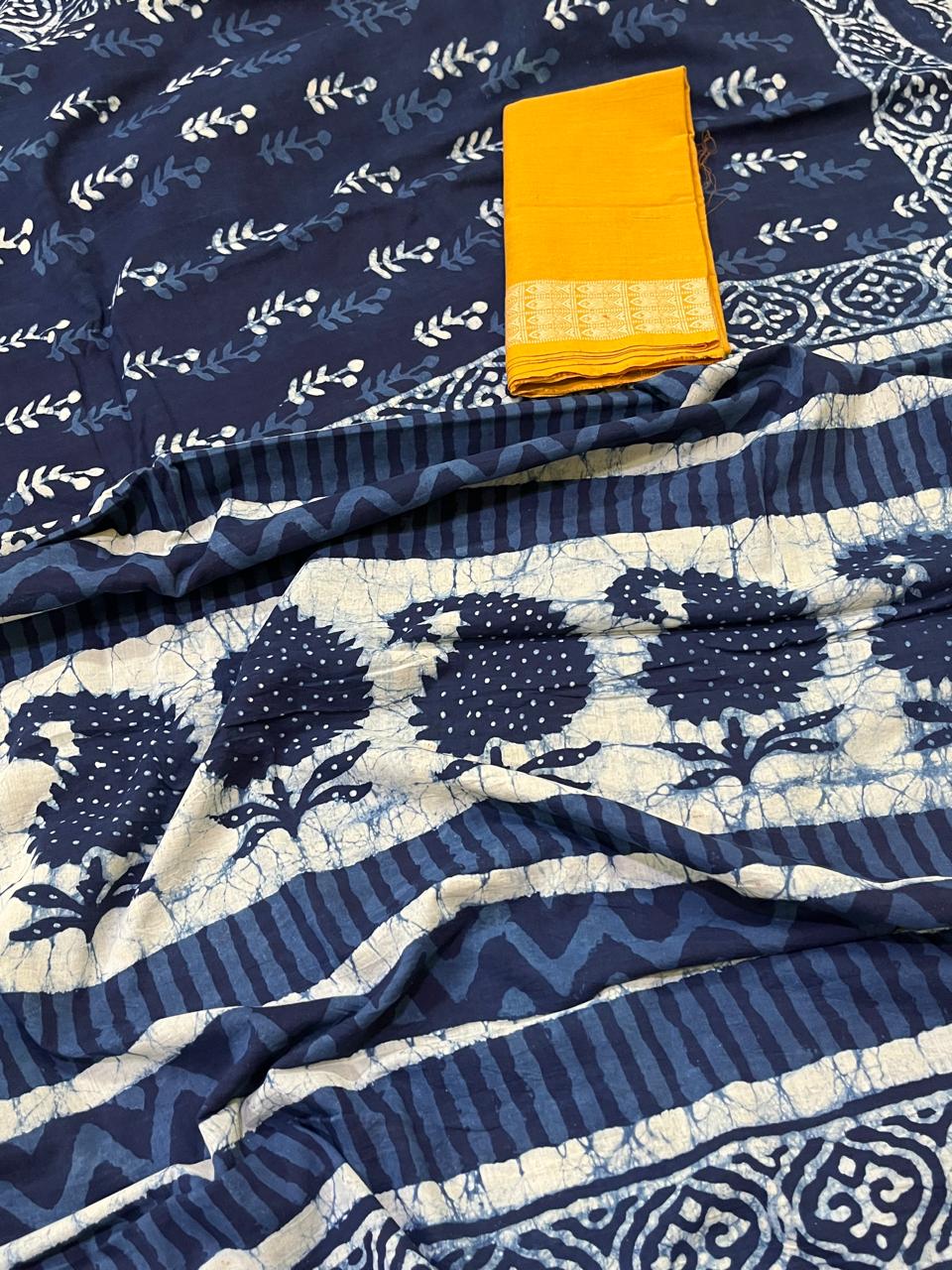Pure Mul cotton sarees with handblock print - Blue
