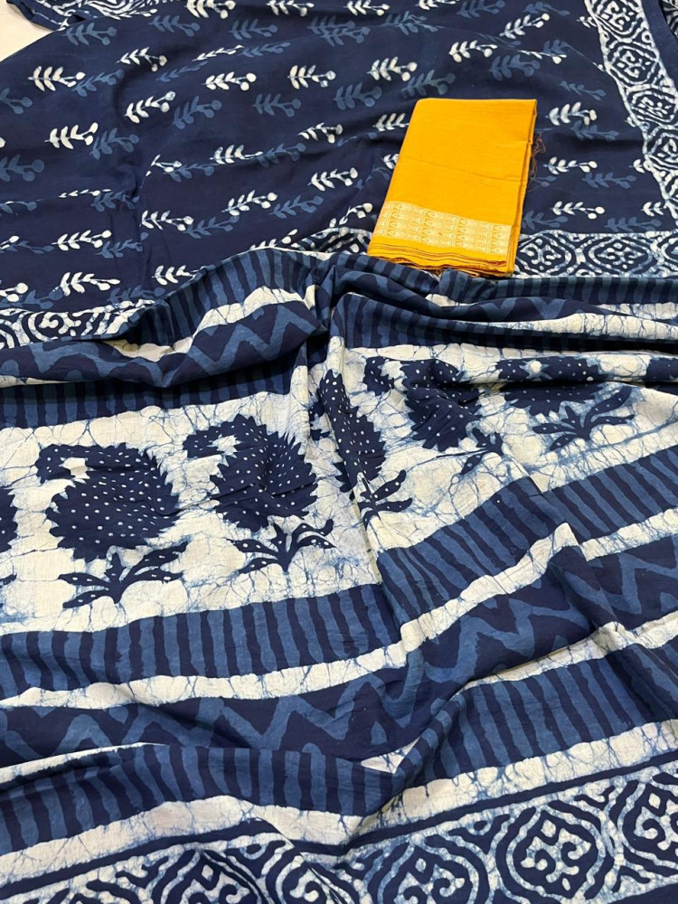 Image of Pure Mul cotton sarees with handblock print - Blue