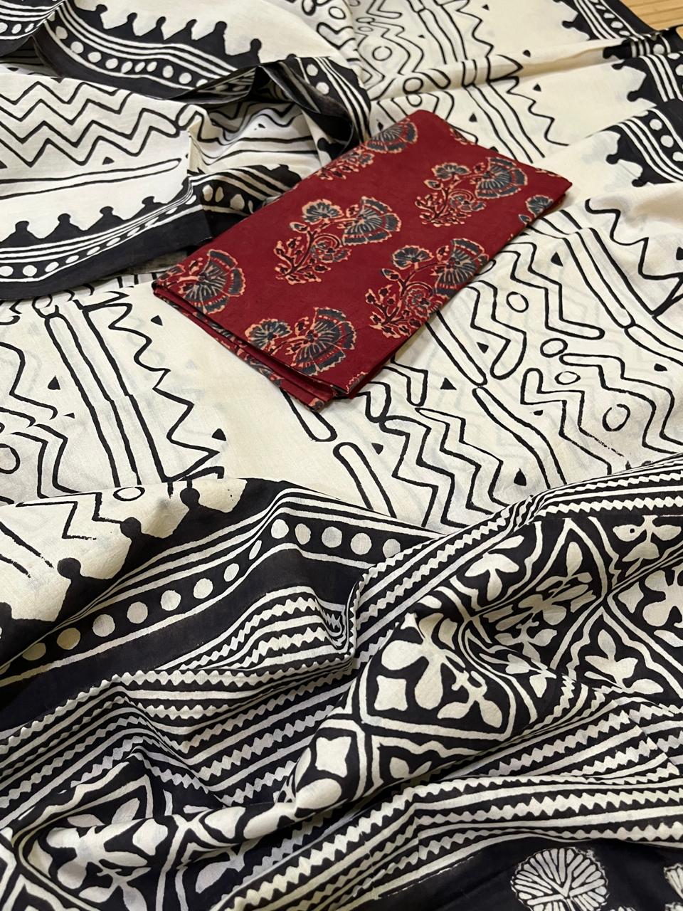 Pure Mul cotton sarees with handblock print - Off White with Black