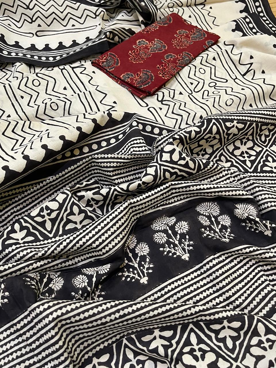 Pure Mul cotton sarees with handblock print - Off White with Black