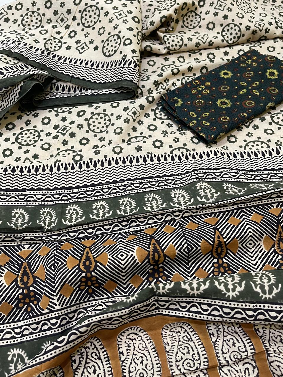 Pure Mul cotton sarees with handblock print - Off White with multicolour