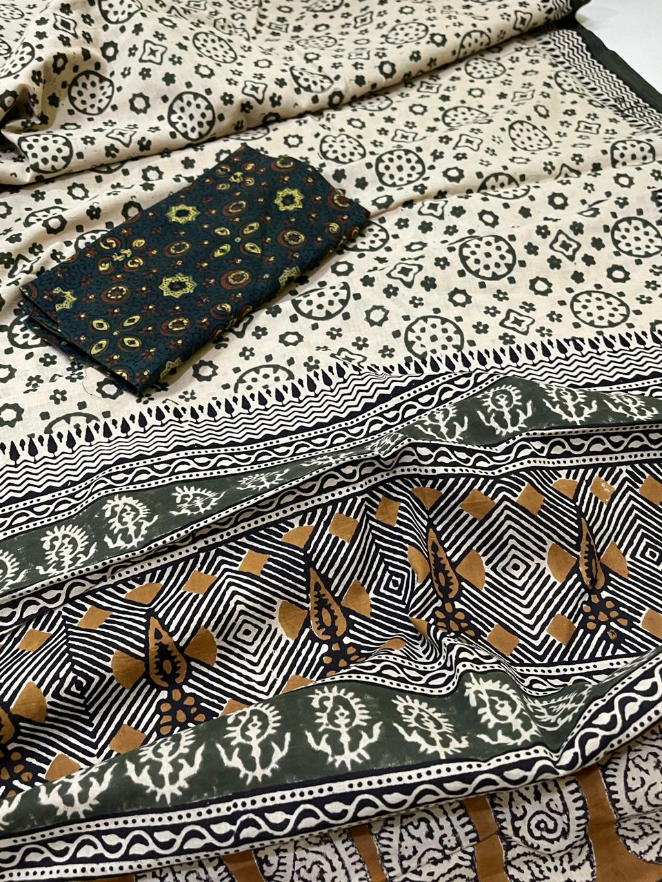 Pure Mul cotton sarees with handblock print - Off White with multicolour