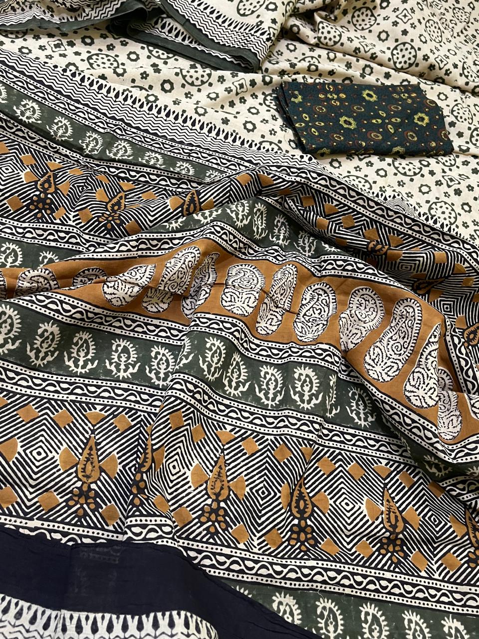 Pure Mul cotton sarees with handblock print - Off White with multicolour