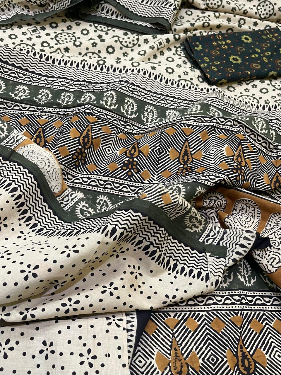Pure Mul cotton sarees with handblock print - Off White with multicolour