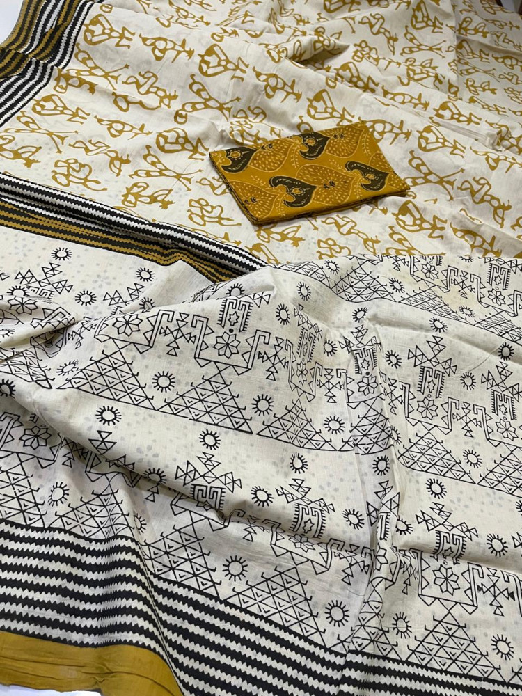 Image of Pure Mul cotton sarees with handblock print - Off White with Mustard