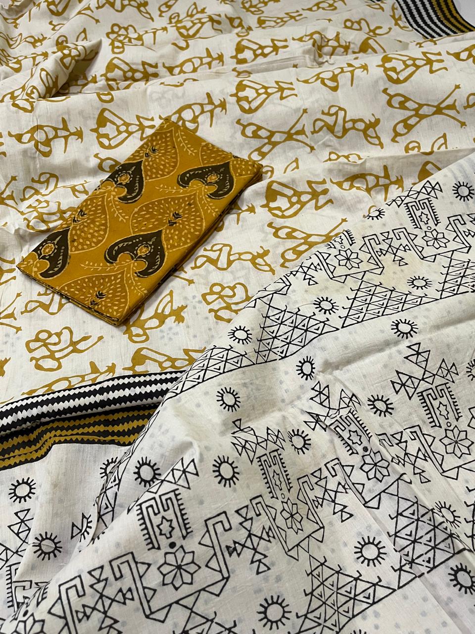 Pure Mul cotton sarees with handblock print - Off White with Mustard