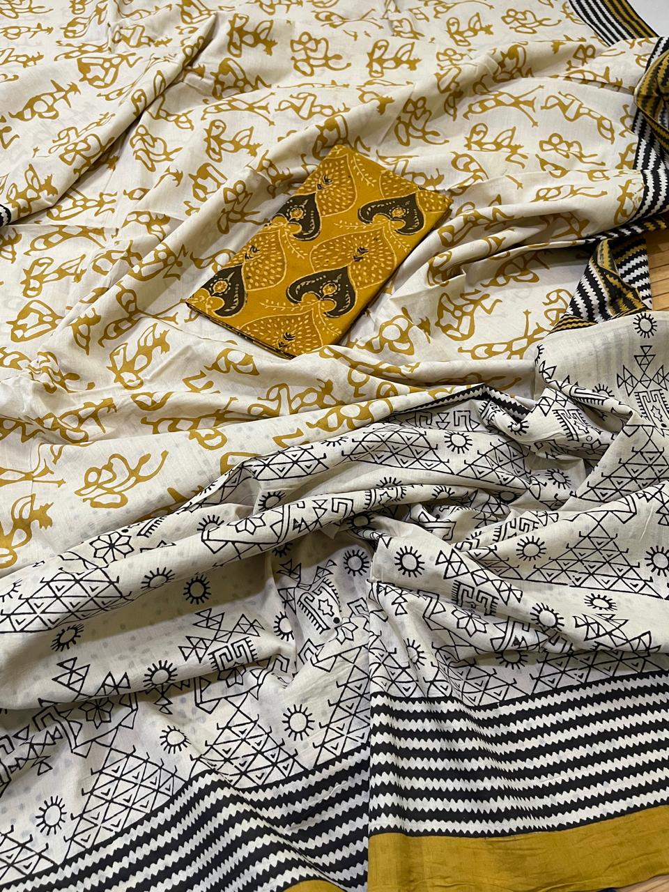 Pure Mul cotton sarees with handblock print - Off White with Mustard