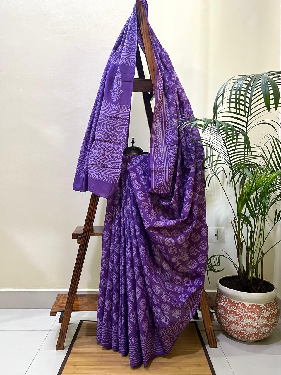 Pure Mul cotton Handblock Printed Saree with complimentary AJRAKH blouse - Purple
