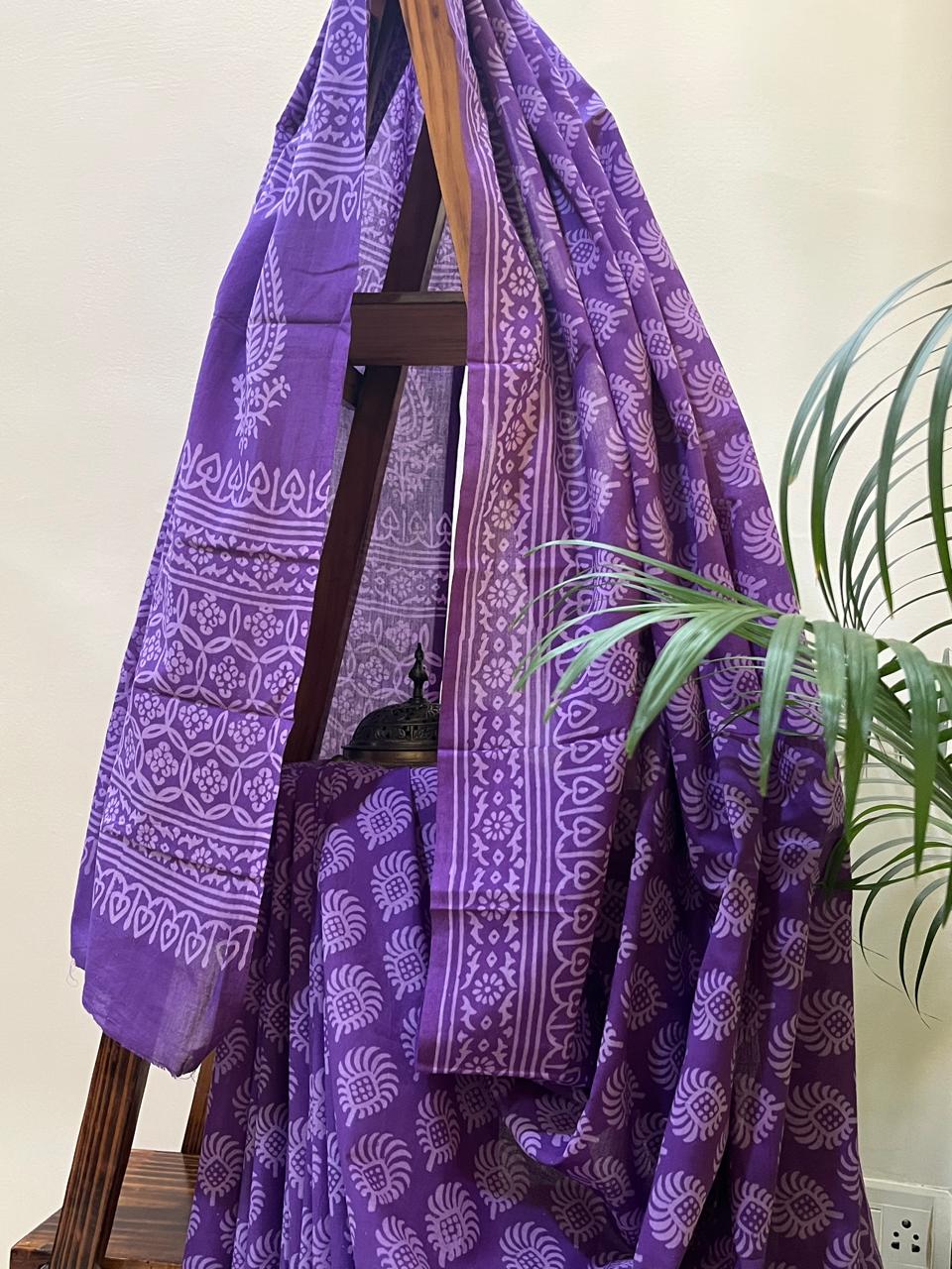 Pure Mul cotton Handblock Printed Saree with complimentary AJRAKH blouse - Purple