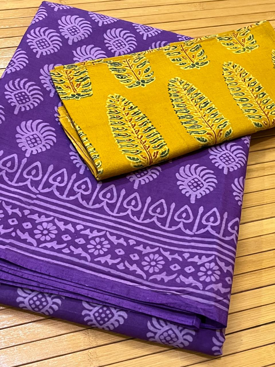 Pure Mul cotton Handblock Printed Saree with complimentary AJRAKH blouse - Purple