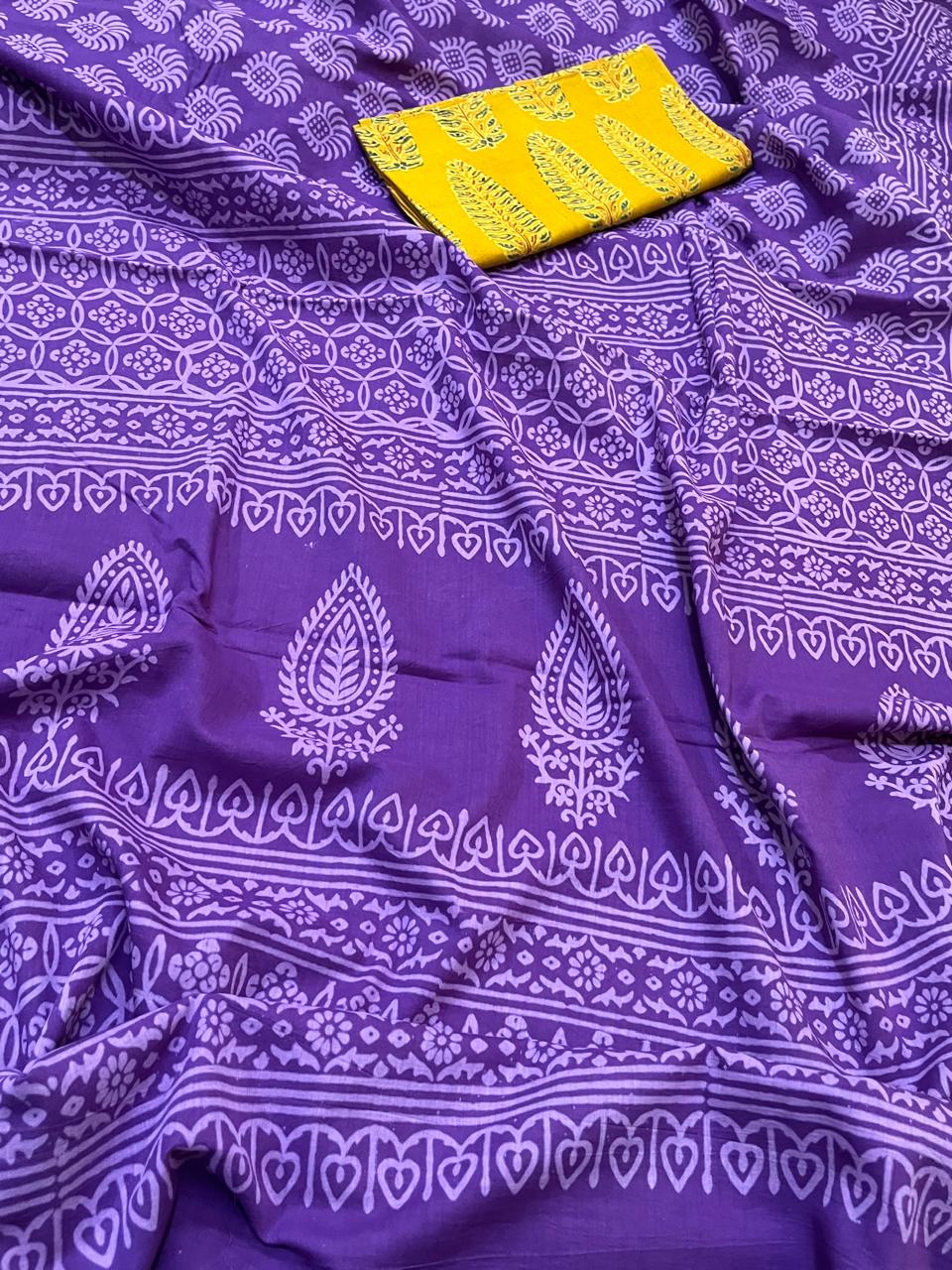Pure Mul cotton Handblock Printed Saree with complimentary AJRAKH blouse - Purple