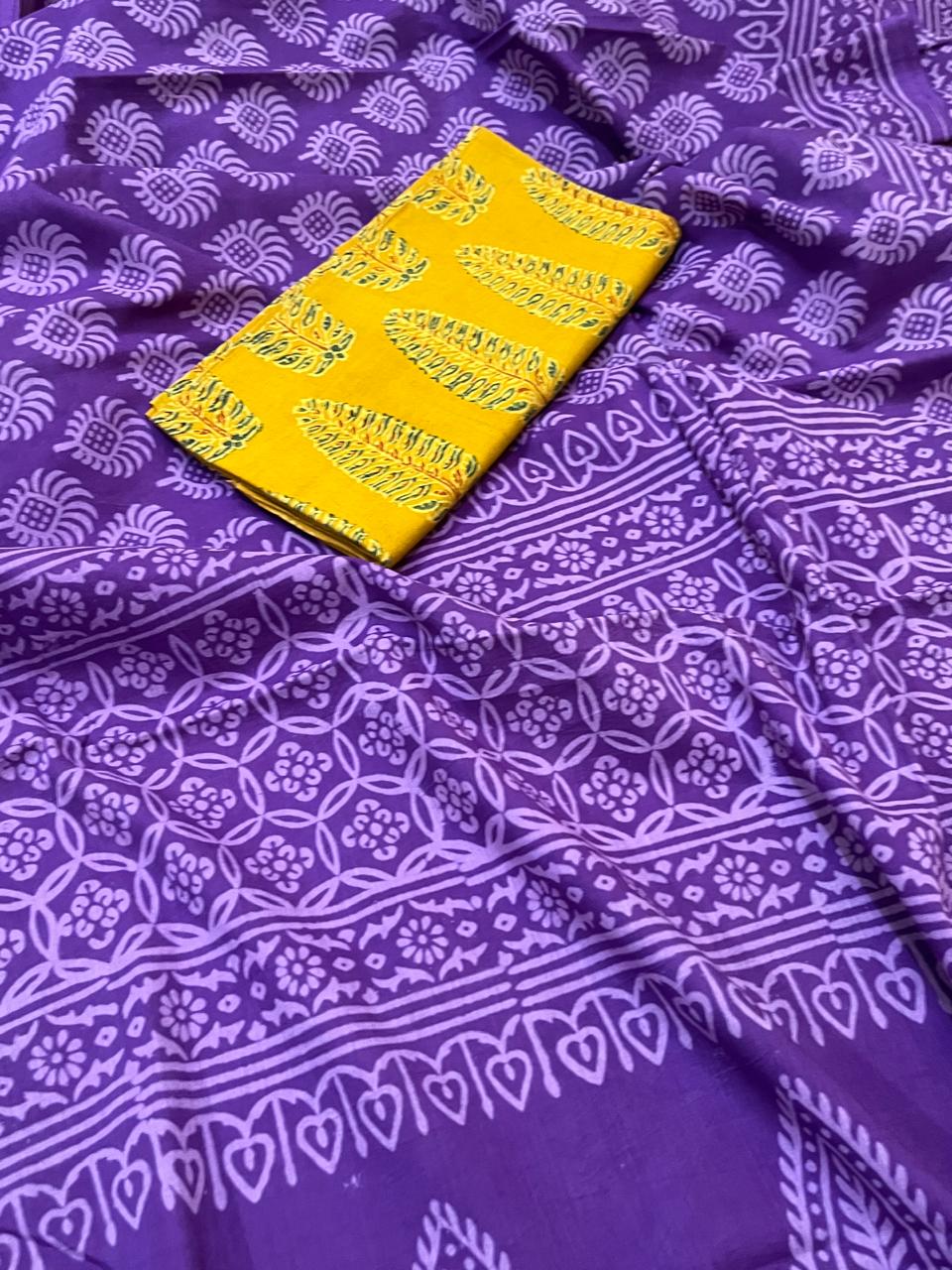 Pure Mul cotton Handblock Printed Saree with complimentary AJRAKH blouse - Purple