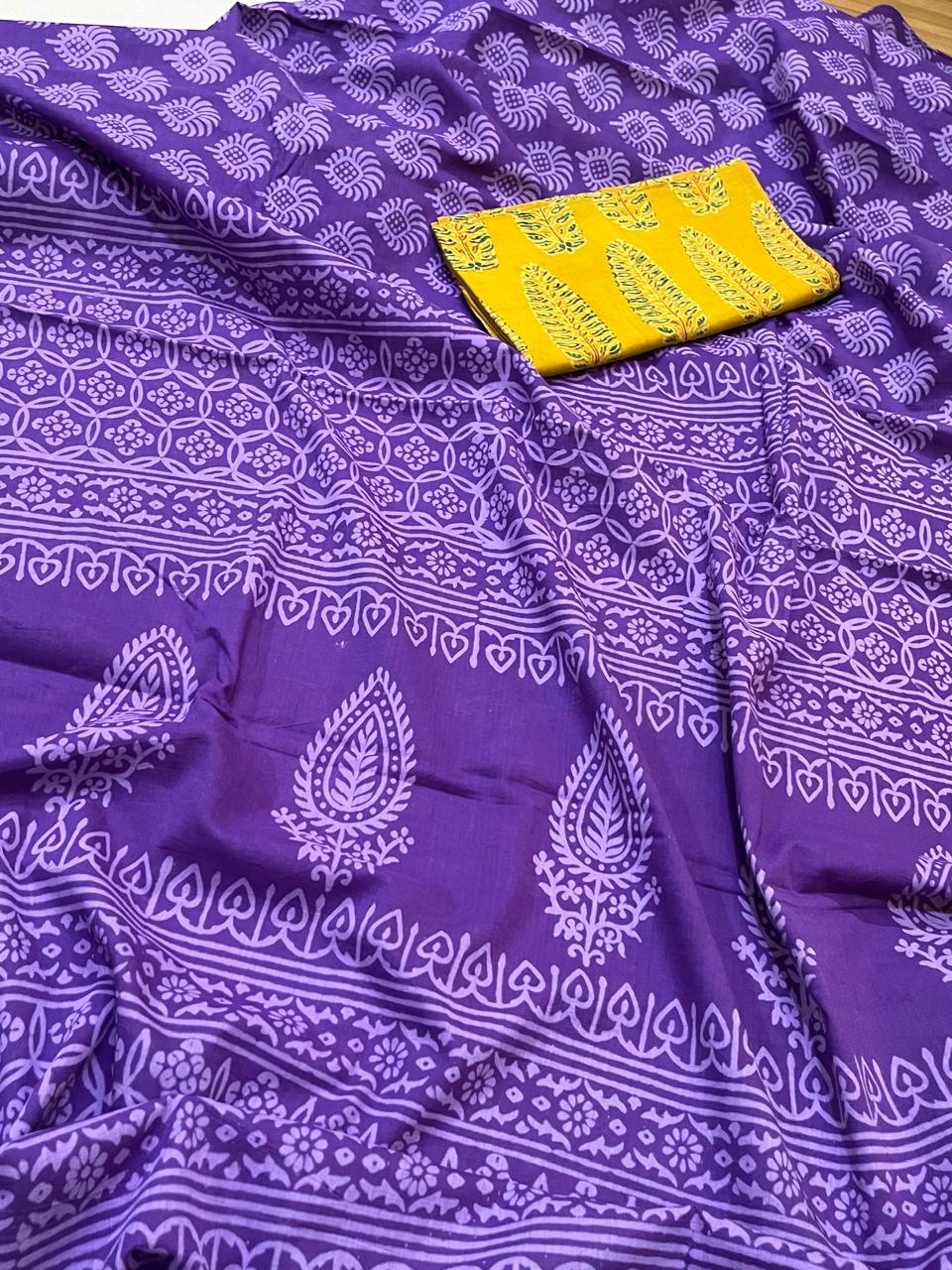 Pure Mul cotton Handblock Printed Saree with complimentary AJRAKH blouse - Purple
