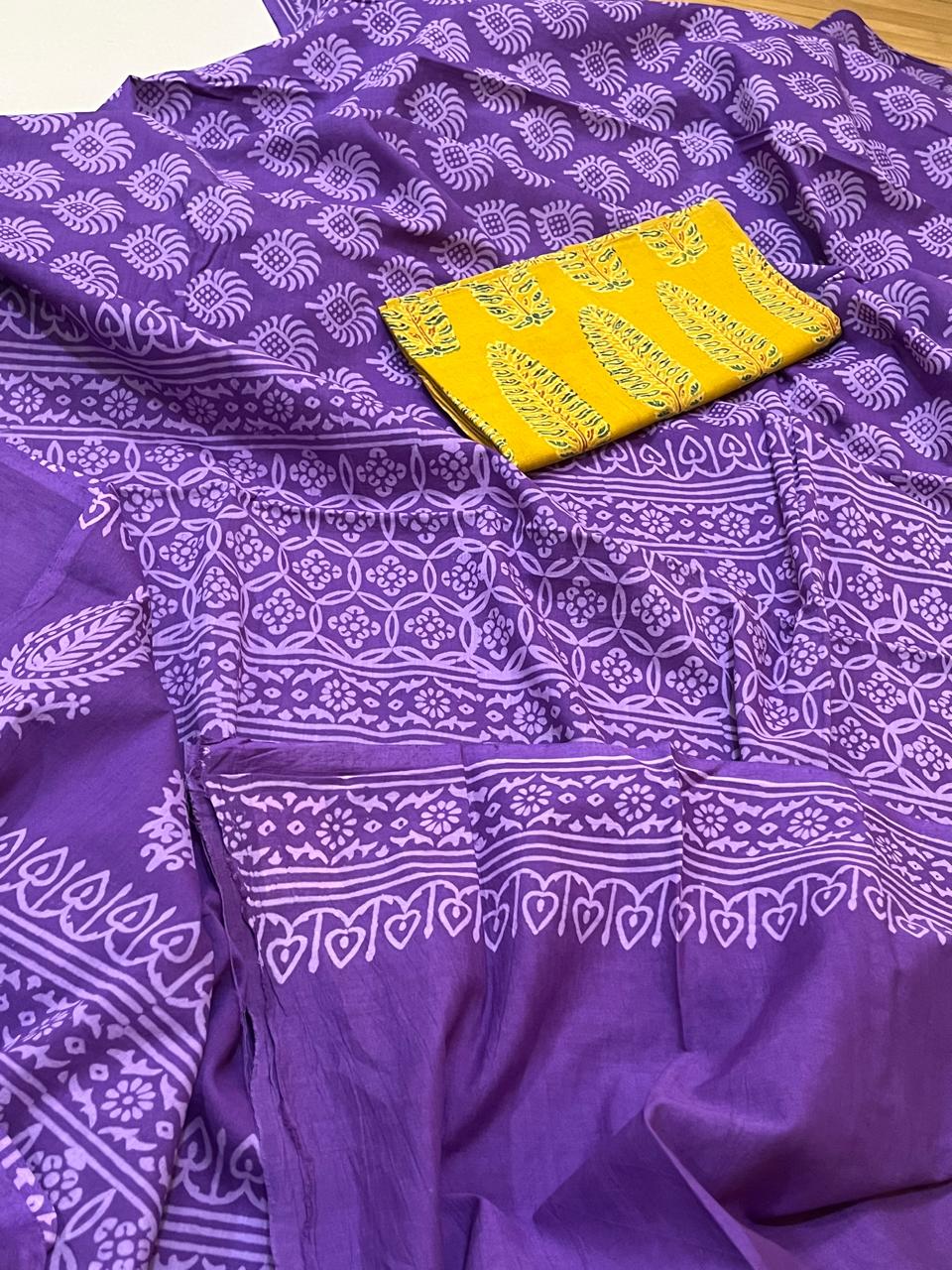 Pure Mul cotton Handblock Printed Saree with complimentary AJRAKH blouse - Purple