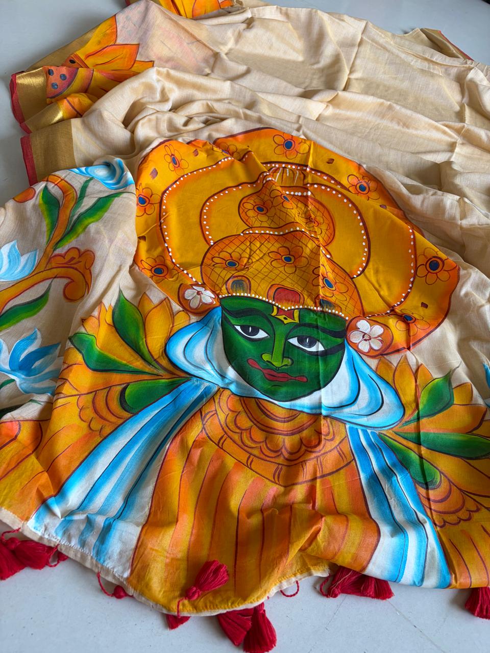 Pure Mul Saree with Handpainted Kathakkali Motifs - Onam Edit