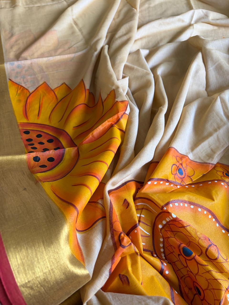 Pure Mul Saree with Handpainted Kathakkali Motifs - Onam Edit