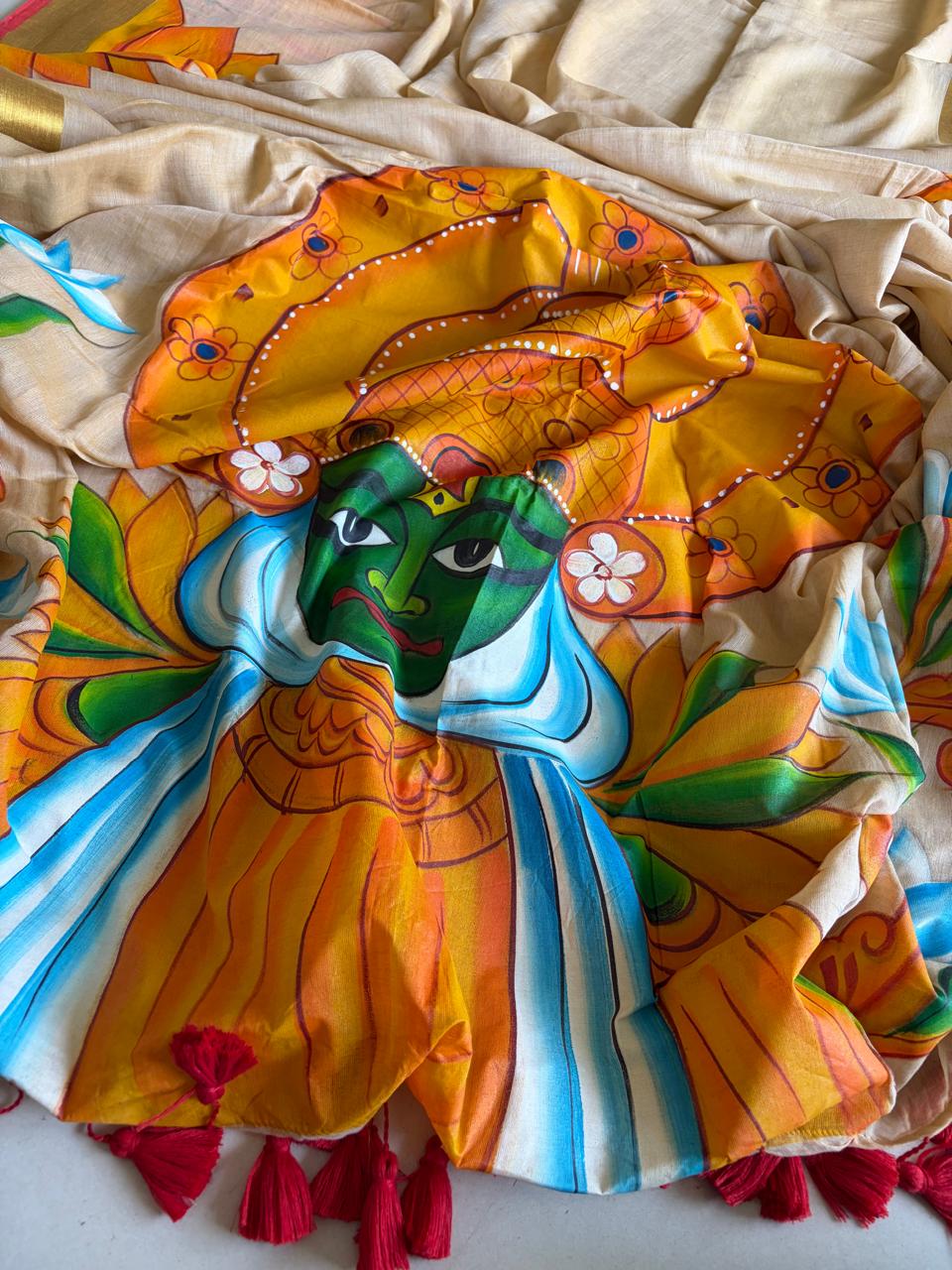 Pure Mul Saree with Handpainted Kathakkali Motifs - Onam Edit