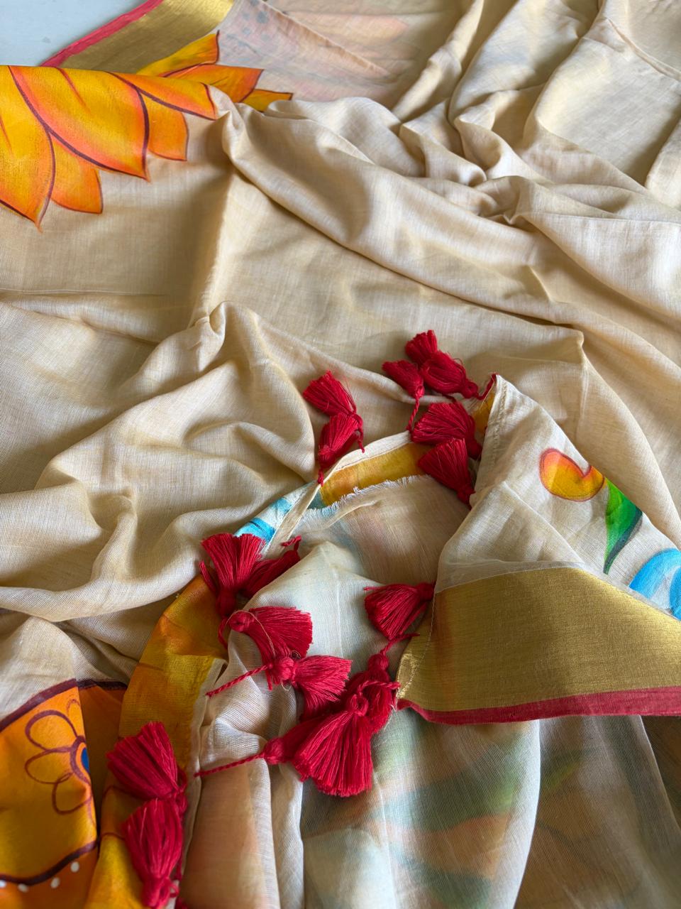 Pure Mul Saree with Handpainted Kathakkali Motifs - Onam Edit