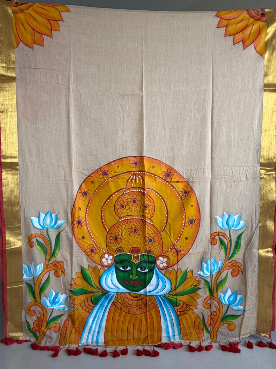 Pure Mul Saree with Handpainted Kathakkali Motifs - Onam Edit