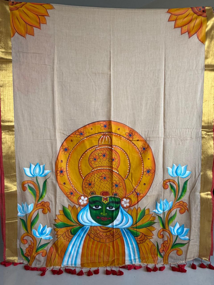 Image of Pure Mul Saree with Handpainted Kathakkali Motifs - Onam Edit
