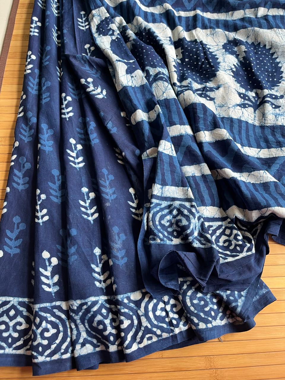Pure Mul cotton sarees with handblock print - Blue