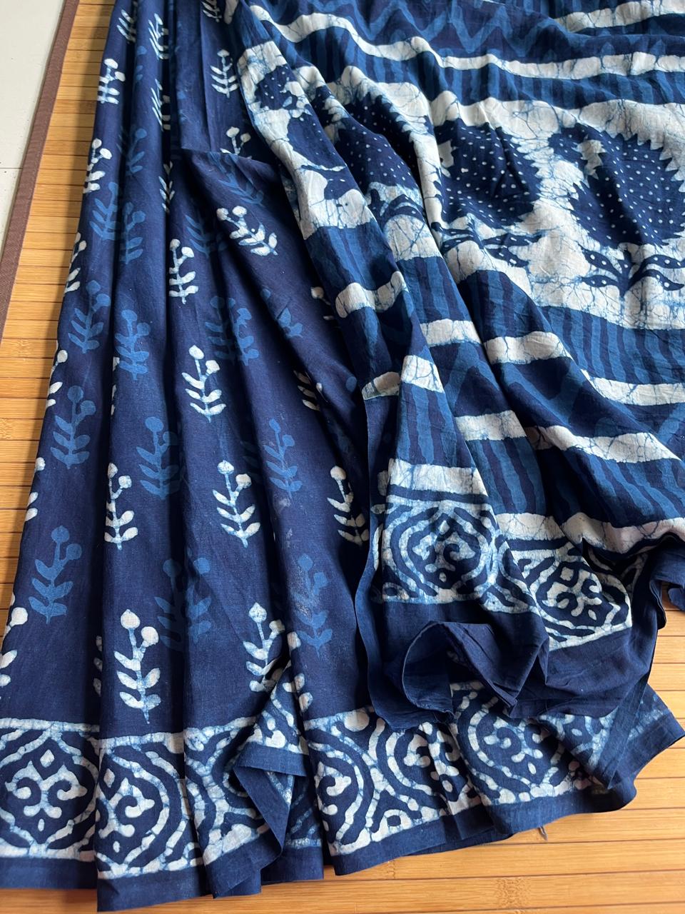 Pure Mul cotton sarees with handblock print - Blue