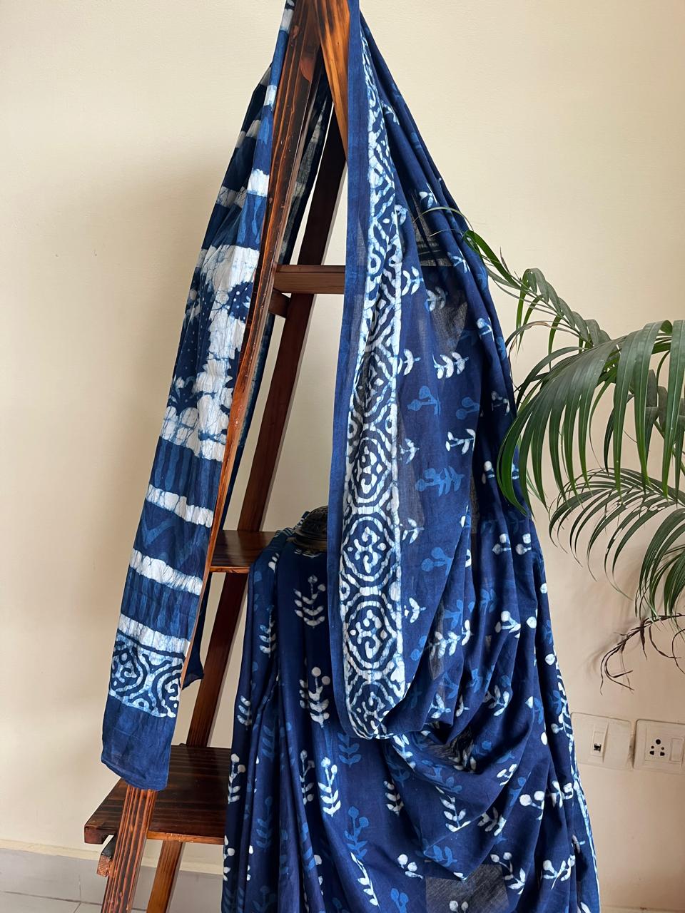 Pure Mul cotton sarees with handblock print - Blue