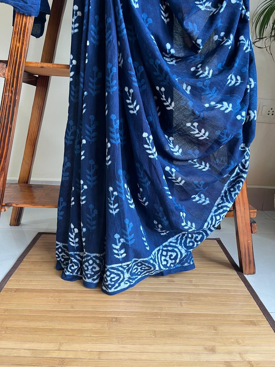 Pure Mul cotton sarees with handblock print - Blue