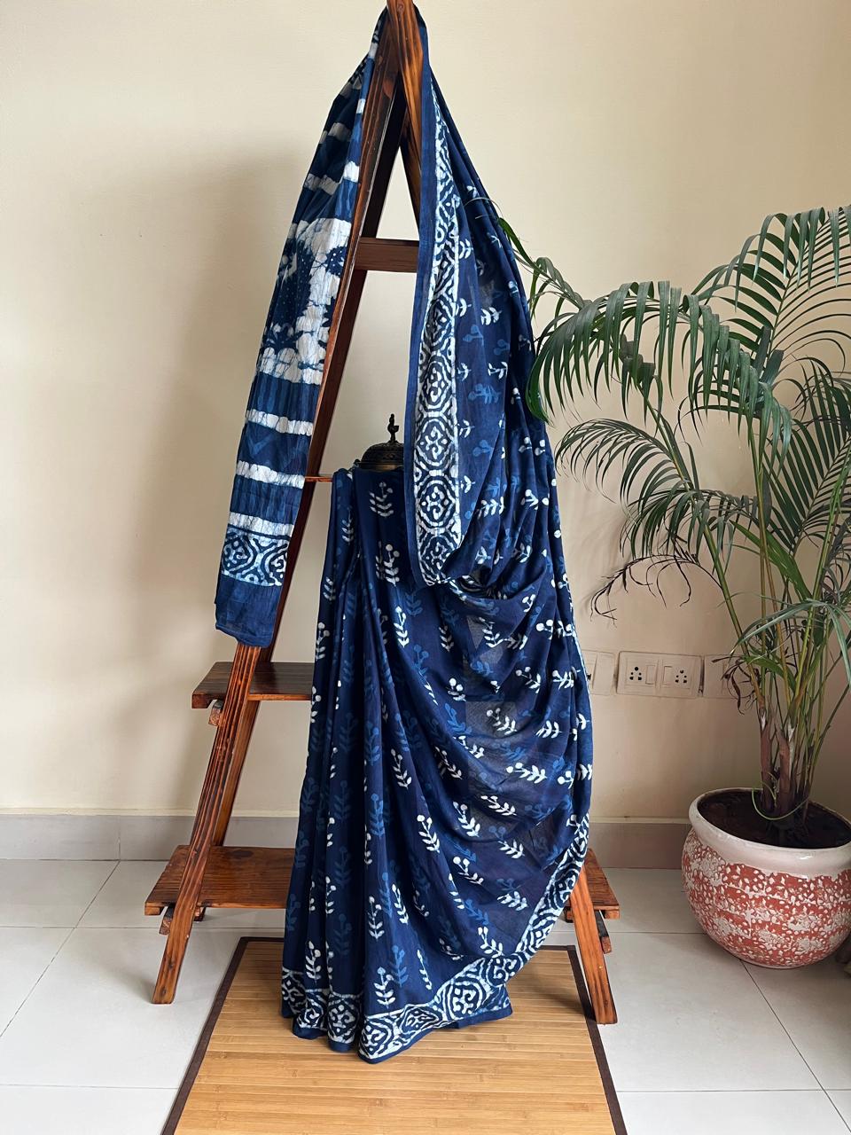 Pure Mul cotton sarees with handblock print - Blue